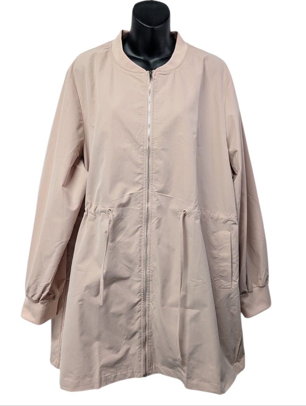 Womens Pale Pink Solid Zip Up Overcoat Drawstring Waist Pockets Size 2XL